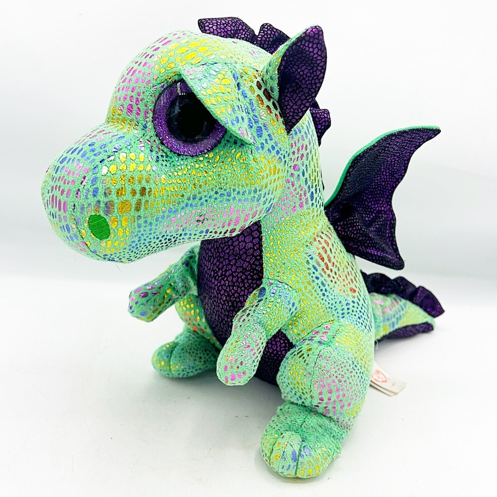 Ty Beanie Boos Cinder Green Dragon Plush Purple Wings Glitter Eyes 9‎ inch